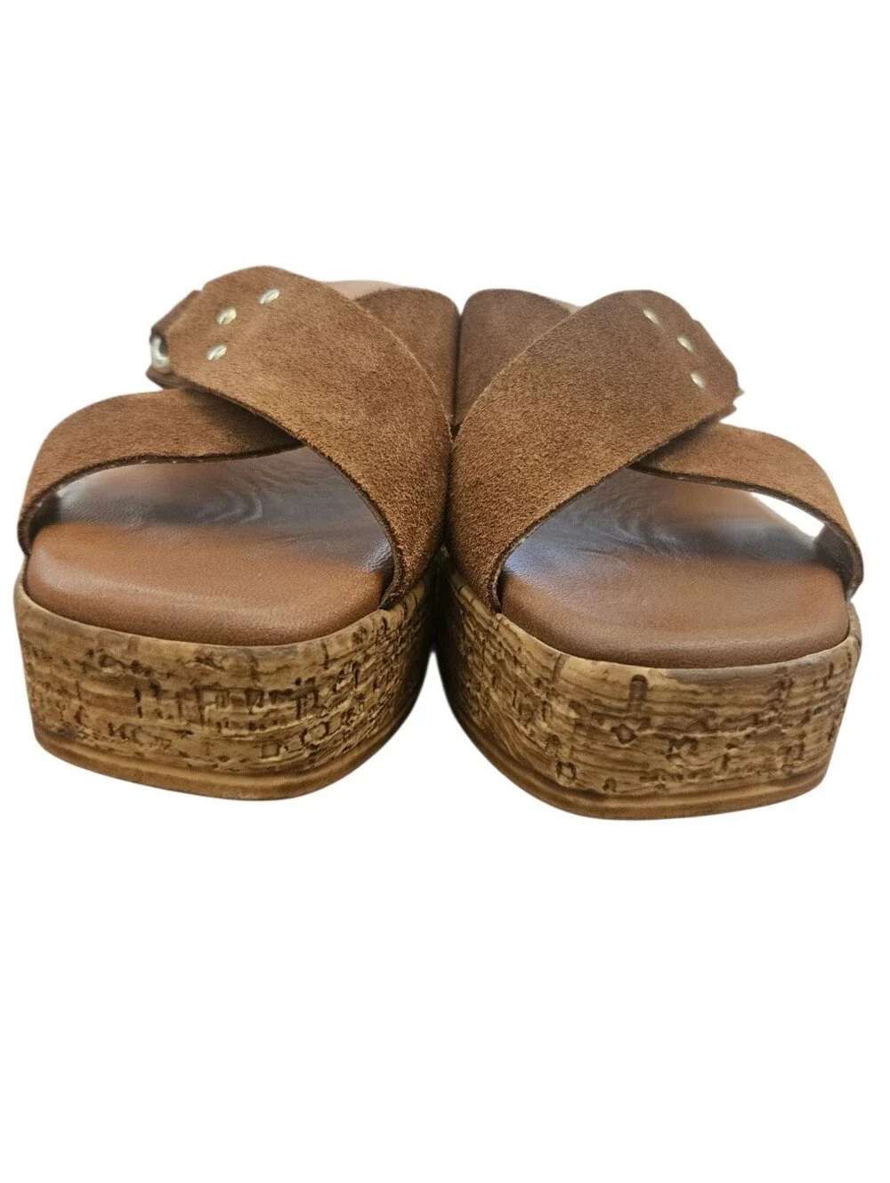 LOTTINI Suede Cross Band Wedge Womens Brown/Tan Sandal Gold Buckle Size 7 Summer